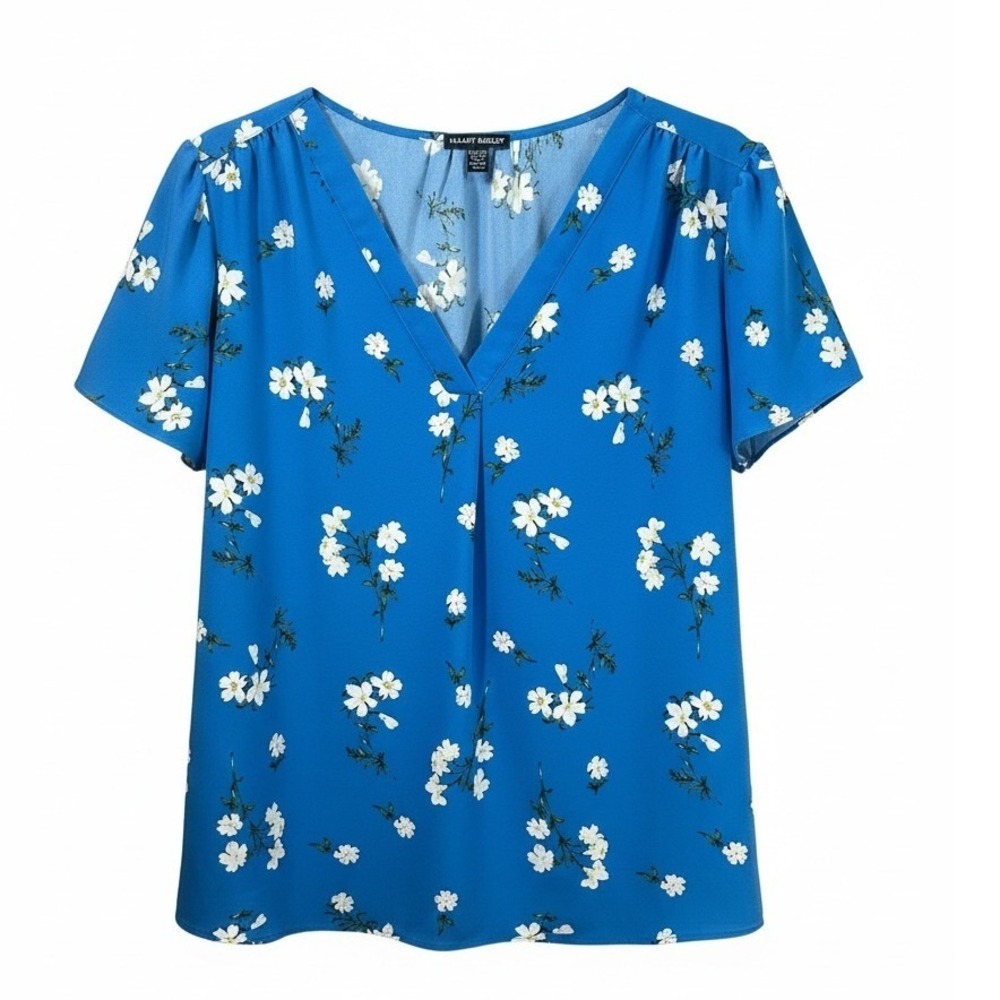 Hilary Radley Womens XXL Blue Floral V-Neck Short Sleeve Pleated Blouse Top